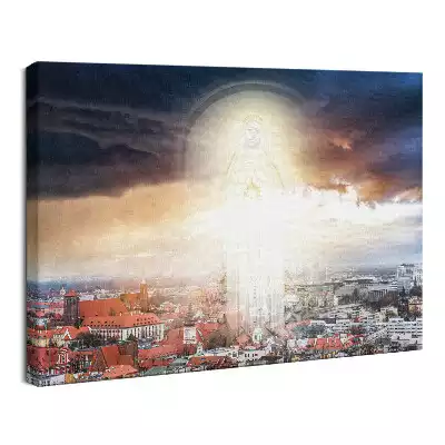 Obraz drukowany na płótnie Maria w chmurach i niebie nad miastem