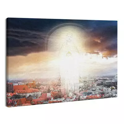 Zdjęcie na płótnie Maria w chmurach i niebie nad miastem