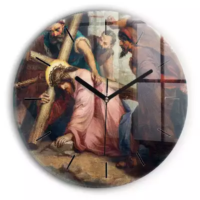 Zegar szklany okrągły Jezus upada pod krzyżem