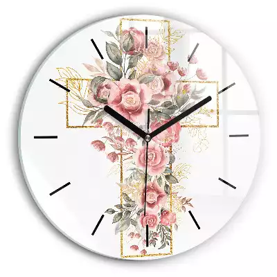 Zegar szklany okrągły Ilustracja Krzyż i kwiaty