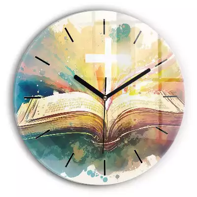 Zegar szklany okrągły Biblia Pismo Święte Krzyż