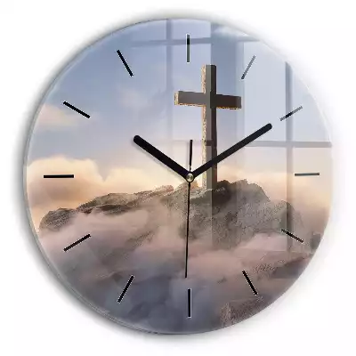 Zegar szklany okrągły Krzyż niebo i skały