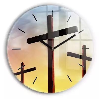 Zegar szklany okrągły Trzy drewniane krzyże