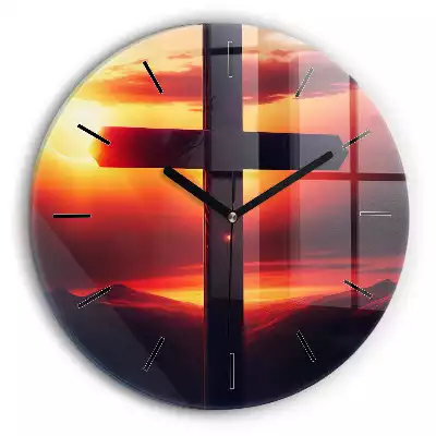 Zegar szklany okrągły Krzyż i zachód słońca