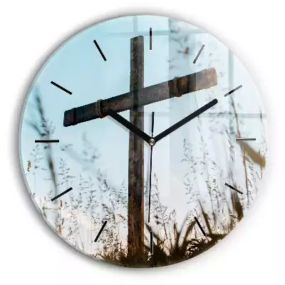 Zegar szklany okrągły Drewniany krzyż w polu