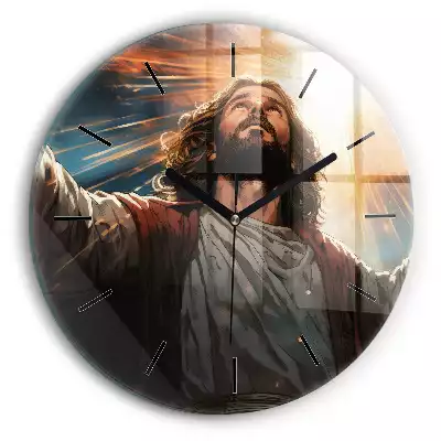 Zegar szklany okrągły Grafika Jezus i niebo