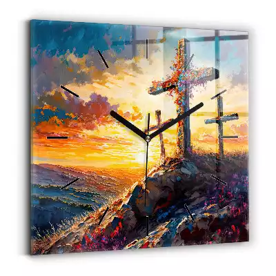 Zegar na szkle kwadrat Pejzaż Krzyże i góry