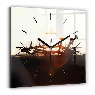 Zegar na szkle kwadrat Korona cierniowa i krzyż