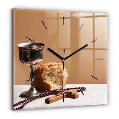 Zegar szklany kwadratowy Kielich chleb i różaniec