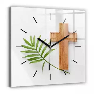 Zegar na szkle kwadrat Drewniany krzyż i liść