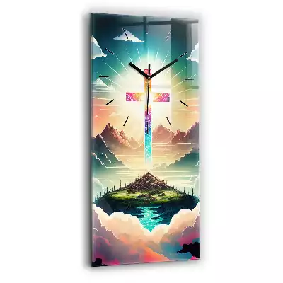 Zegar szklany pionowy Krajobraz krzyż i góry